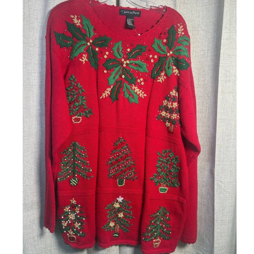 Work in Progress Red Christmas Sweater Embroidered Trees Beads XL 18-20 NWT